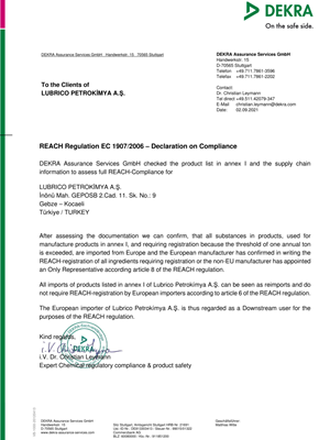 REACH Regulation EC 1907/2006 – Declaration on Compliance