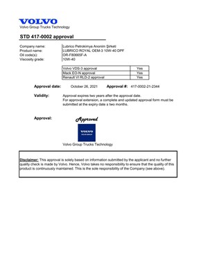 VOLVO STD 417-0002 APPROVAL-LUBRICO ROYAL OEM-3 10W-40