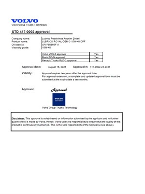 VOLVO APPROVAL-LUBRICO ROYAL OEM-3 10W-40