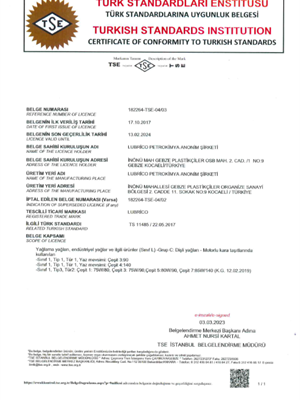 TSE Certificate of Conformity TS 11485
