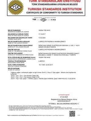 TSE Certificate of Conformity TS 11485