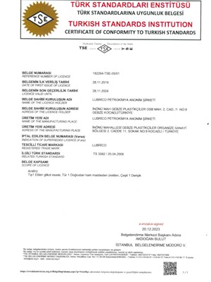 TSE Certificate of Conformity TS 3582