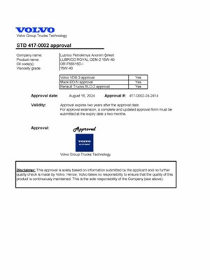 VOLVO APPROVAL-LUBRICO ROYAL OEM-2 15W-40