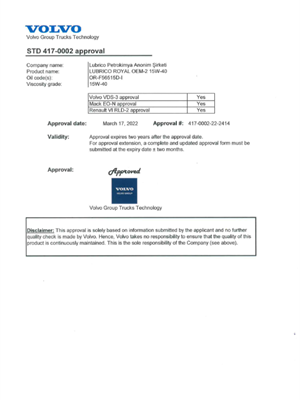 VOLVO STD 417-0002 APPROVAL-LUBRICO ROYAL OEM-2 15W-40
